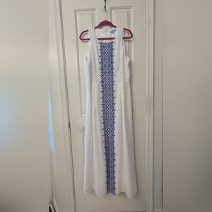 Elegant White Dress with Blue Embroidery
